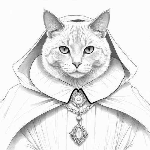 a drawing of a cat wearing a cape,cat line art,red tabby,drawing cat,canoness,archpriest,cathar,Design Sketch,Design Sketch,Detailed Outline