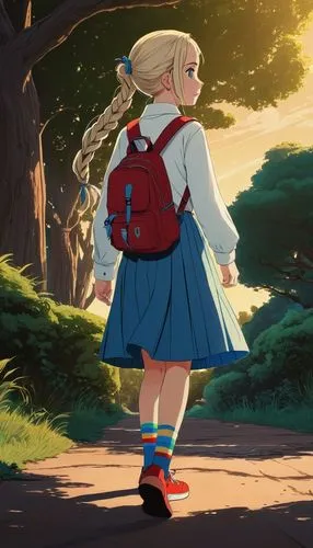 studio ghibli,darjeeling,tsumugi kotobuki k-on,school skirt,girl walking away,anime japanese clothing,schoolgirl,walk,stroll,sailor,school clothes,backpack,school uniform,would a background,strolling,alice in wonderland,back-to-school,oz,magical adventure,alice,Illustration,American Style,American Style 09