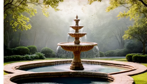 Fountain, water splashing, stone structure, ornate carvings, tiered design, small pool, gentle ripples, morning mist, soft sunlight, 3/4 composition, shallow depth of field, warm color tone, cinematic