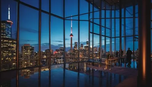 Modern architectural design firm, Toronto, glass skyscraper, sleek metal framework, minimalist interior, wooden accents, floor-to-ceiling windows, panoramic city view, 3/4 composition, low-angle shot,