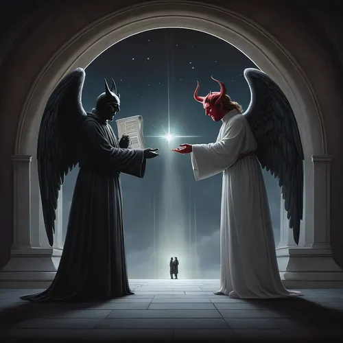 Create a dialogue between an angel and a devil discussing the meaning of life.,angel and devil,heaven and hell,angels of the apocalypse,angelology,angels,heaven gate,afterlife,confrontation,preachers,