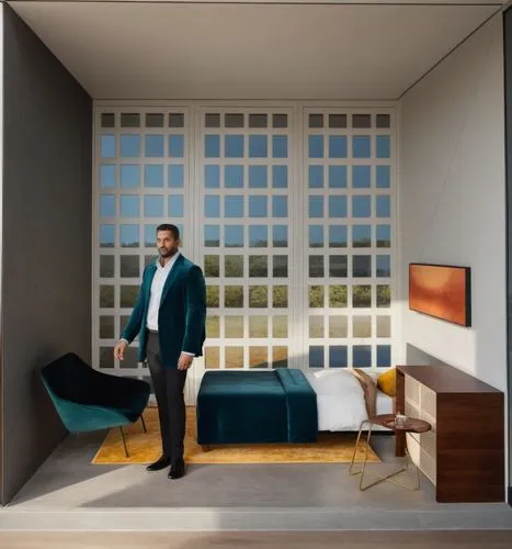 recamara moderna con cama y colchas modernas acolchadas muros en color gris calido  gran luminosidad ,man in a el room opening his room to a bedroom,modern room,bedroom,bedrooms,habitaciones,danish ro