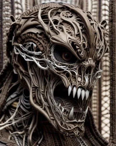 biomechanical,scrap sculpture,png sculpture,district 9,tribal masks,wood skeleton,skull sculpture,wooden mask,african masks,barong,fractalius,endoskeleton,hanging mask,skull mask,carved wood,wire sculpture,wood carving,macrame,carved,door knocker