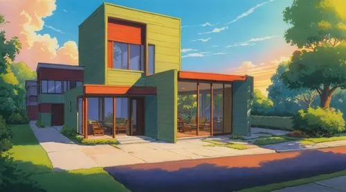 an anime rendering of a contemporary home on a street,modern house,smart house,dreamhouse,cubic house,zoku,cube house,Illustration,Children,Children 01