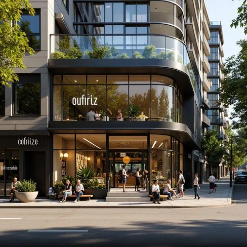 Sleek modern coffee shop, streamlined facade, minimalist design, large glass windows, metal frames, polished steel surfaces, industrial chic aesthetic, urban cityscape, bustling streets, morning sunli