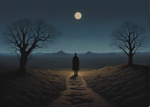 silhouette of man,barren,to be alone,the wanderer,sleepwalker,loneliness,solitary,pilgrim,andreas cross,desolation,moonscape,surrealism,wanderer,the path,before the dawn,standing man,nature and man,solitude,walking man,landscapes,Art,Artistic Painting,Artistic Painting 48