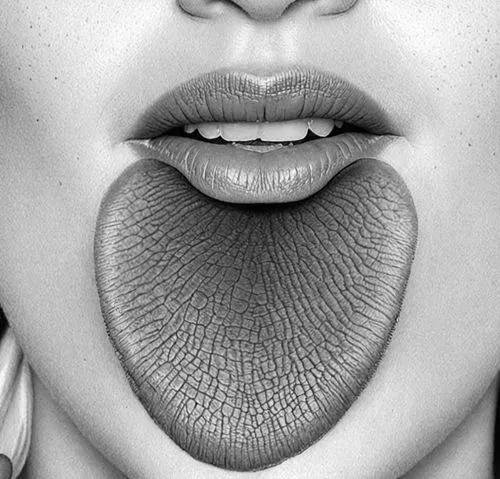 Create a detailed black and white image focusing on a human tongue covered with a thick layer of white coating (leukoplakia). The image should emphasize the texture and appearance of the white coating