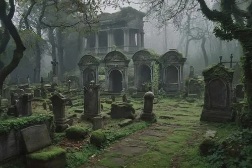 Abandoned, crumbling, Gothic architectural style, ancient graveyard, misty atmosphere, fog rolling in, moss-covered tombstones, intricate stone carvings, weathered statues, lanterns, grand entrance ga