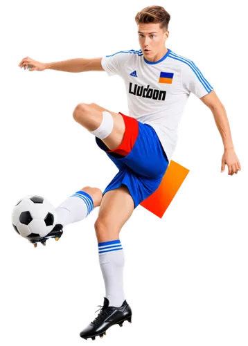 Young athletic male, soccer player, dynamic pose, muscular legs, sporty hairstyle, focused facial expression, white soccer jersey, blue shorts, shin guards, black cleats, intense action, jumping, kick