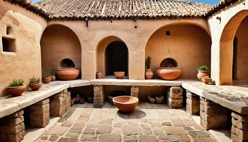 Imagine an ancient Bronze Age Greek house with thick, weathered stone or sun-dried mudbrick walls. The structure has a flat, terracotta-tiled roof supported by robust wooden or stone columns adorned w