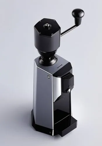 Coffee grinder，white background，Metallic paint on the body, bright electroplating on some parts,a black coffee grinder sitting on a white table,coffee grinder,coffee percolator,coffee maker,coffeemake