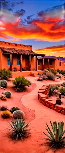 Southwestern landscape, adobe architecture, desert plants, cacti, sandy dunes, red rock formations, turquoise accents, vibrant sunset, warm golden light, low-angle shot, panoramic view, dramatic cloud