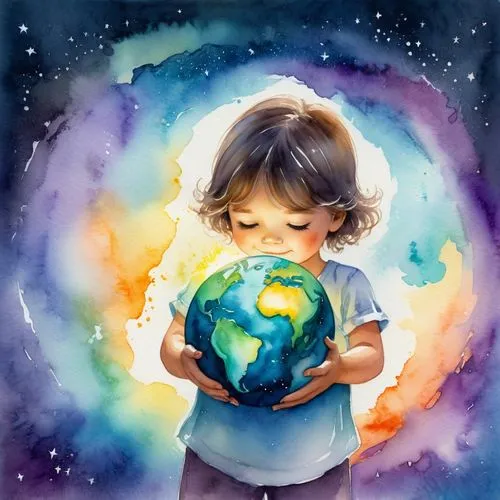 A child hugging a glowing earth ball
,a watercolor drawing of a little girl holding a globe,love earth,loveourplanet,little world,mother earth,embrace the world,earth chakra,Illustration,Paper based,P