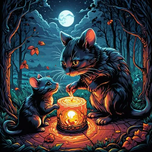 halloween illustration,halloween poster,campfire,halloween cat,halloween scene,samhain,Illustration,Realistic Fantasy,Realistic Fantasy 25