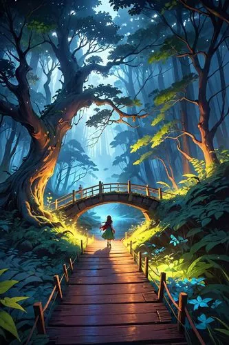 adventure bridge,pathway,forest path,cartoon video game background,the mystical path,background design,wooden path,hollow way,the path,forest background,enchanted forest,hiking path,arbor,forest road,forest glade,game illustration,the forest,fantasy landscape,wooden bridge,fairy forest