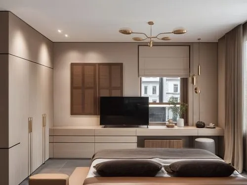 cozy bedroom, in warm beige brown tones. the wall at the head of the bed is highlighted with an accent brown color. Black conditioner.
Coffee brown bed.
The floor is light gray wood.
bright lighting.
