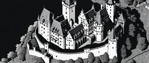 top down vector drawing of a medieval German castle, castle Burg Hornberg, isometric style, line drawing, architectural drawing, light shading, detailed, map-like, bricks, stonework, Falkestein Castle