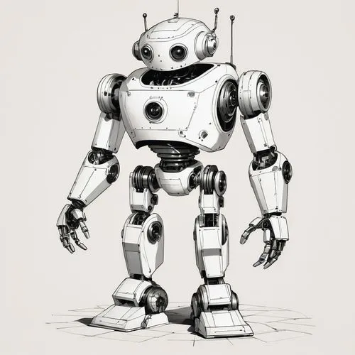 A black and white sketch of an anthropomorphic robot with a boxy head and large, circular eyes that convey a sense of curiosity or innocence. The body of the robot is constructed of various geometric 