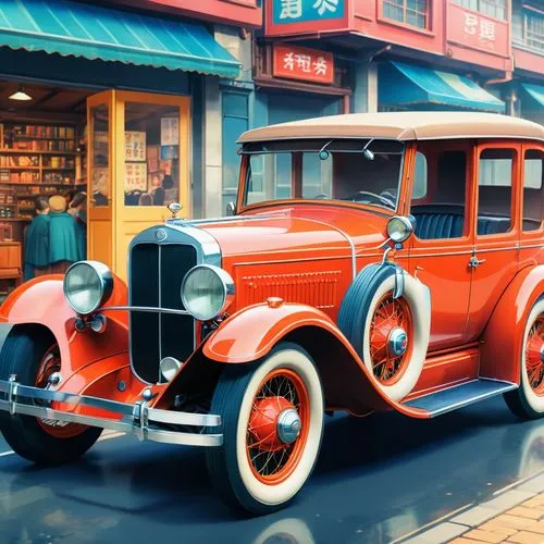 antique car,vintage vehicle,e-car in a vintage look,vintage cars,vintage car,red vintage car,Illustration,Japanese style,Japanese Style 03