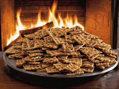 Craft a description of a scrumptious snack that is perfect for a cozy evening by the fireplace.,chikki,energy bar,wafer cookies,cinnamon sticks,salt pretzels,pralines,chocolate wafers,cinnamon stars,k