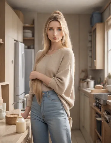 girl in the kitchen,barista,female model,commercial,cappuccino,denim,girl with cereal bowl,big kitchen,scandinavian style,belarus byn,girl in overalls,kitchen,domestic heating,british semi-longhair,teen,café au lait,model,kitchen work,pantry,sweater