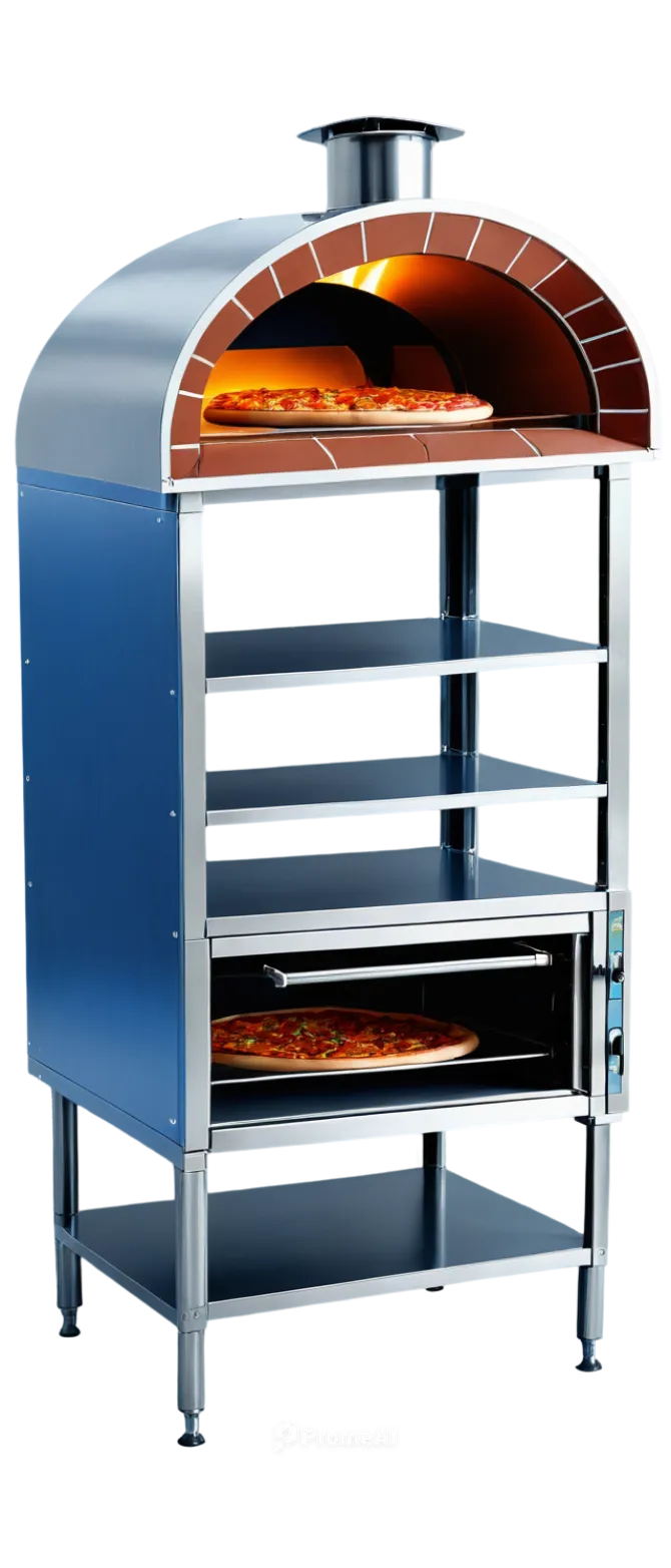 Commercial pizza oven, stainless steel, transparent glass door, internal lights, cooking racks, brick interior, fiery coals, wooden handles, metallic legs, standing alone, warm lighting, 3/4 compositi