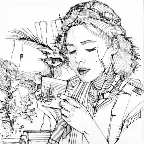 coffee tea illustration,coloring page,girl picking flowers,coffee tea drawing,flower line art,widow's tears,angel line art,girl praying,angel's tears,the snow queen,pencil art,hand-drawn illustration,