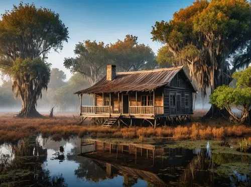 Swampy area with the morning mist, a dilapidated wooden cabin, the light from the home goes out of the window, mangrove trees surround the entire landscape, gothic atmosphere,fisherman's house,house w