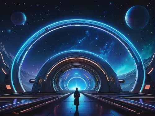 Futuristic sci-fi arch, sleek metallic structure, glowing blue neon lights, intricate circuit patterns, holographic projections, misty atmospheric effect, distant stars twinkling, 3/4 composition, low