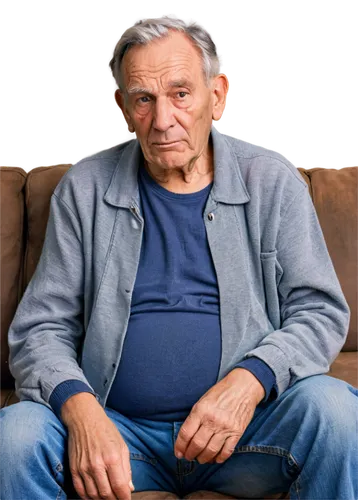 Old man, wrinkled face, grey hair, thinning on top, oxygen tank, tube in nose, frail hands, worn-out clothes, sloppy sweater, worn jeans, slippers, sitting on couch, weak posture, sad eyes, soft box l