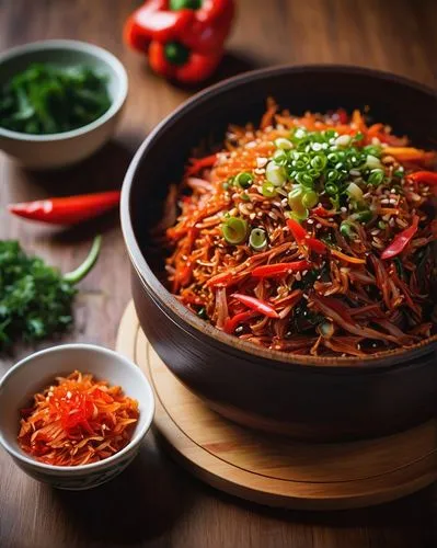 Deep kimchi, traditional Korean side dish, red pepper flakes, fermented vegetables, bold flavors, crunchy texture, ceramic container, wooden table, natural lighting, warm ambiance, Korean-inspired int