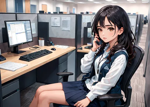 office worker,girl at the computer,secretary,night administrator,azusa nakano k-on,in a working environment,office chair,office desk,switchboard operator,receptionist,work desk,telephone operator,office,blur office background,desk,secretary desk,white-collar worker,desk top,girl studying,mari makinami,Anime,Anime,General