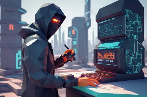 barebone computer,game illustration,cyber,transistor checking,man with a computer,freelancer,cyber crime,hacker,cyberpunk,coder,computer game,hacking,sci fiction illustration,researcher,neon human resources,cybernetics,cyber security,computer,clockmaker,cyclocomputer,Unique,3D,Low Poly