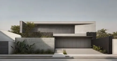 house facade. clear sky with soft natural lighting, generating shadows and soft rays of light. materials such as brutalist exposed concrete and soft microcement, dark gray paint on the walls. green an