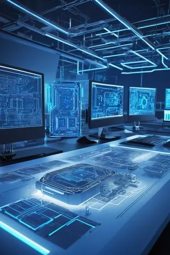 Modern computer architecture design, SARL CAD software, futuristic laboratory setting, sleek metal tables, ergonomic chairs, multiple monitors displaying circuit diagrams, wires and microchips scatter