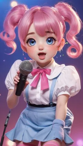 Human Jigglypuff, pink hair, ponytail, big blue eyes, sparkly eyeshadow, rosy cheeks, cute facial expression, white shirt with puffy sleeves, pink mini skirt, knee-high socks, brown boots, holding a m