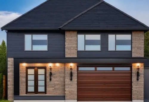 toit en bardeau d'asphalte noir, porte garage noir, revêtement extérieur de bois brun foncé et pierre 2 couleurs,garage door,smart home,house sales,house insurance,roof tile,residential property,subur