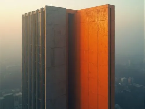 Brutalist skyscraper, tangerine orange accent wall, geometric concrete structure, urban cityscape, foggy morning atmosphere, warm lighting, dramatic shadows, angular lines, industrial materials, metal