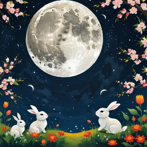 moon and star background,easter background,moon night,spring background,full moon,springtime background,Illustration,Japanese style,Japanese Style 17