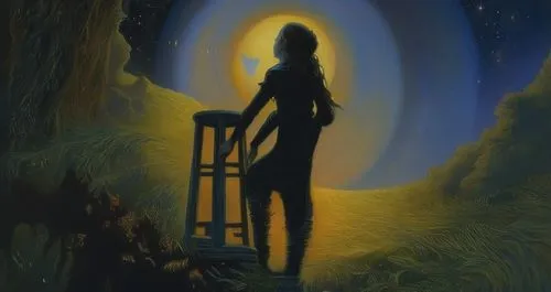 fantasy picture,sci fiction illustration,guiding light,astronomer,light bearer,woman silhouette,mystical portrait of a girl,inner light,world digital painting,astral traveler,jasinski,fantasy portrait