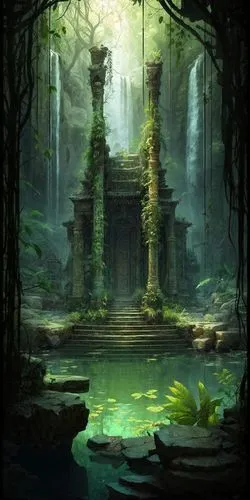 ancient city,korowai,fantasy landscape,sanctum,ruins,mausoleum ruins,labyrinthian,house in the forest,lost place,artemis temple,swamp,alfheim,ancient house,amazonica,angkor,yasuni,moss landscape,fantasy picture,hall of the fallen,forest house