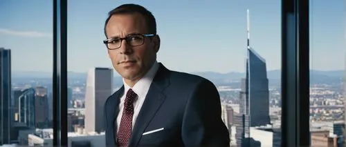 Deputy CIO, suit, tie, glasses, confident expression, standing, office interior, modern minimalist decor, sleek wooden desk, leather chair, cityscape background, skyscraper view, daytime, softbox ligh