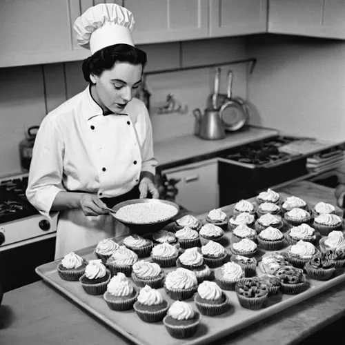 pastry chef,jean simmons-hollywood,confectioner,swede cakes,girl in the kitchen,muffins,thirteen desserts,queen of puddings,plating,food preparation,chef's uniform,cake decorating supply,baking,cup cakes,cookware and bakeware,woman holding pie,recipes,hepburn,christmas baking,vintage 1950s,Photography,Black and white photography,Black and White Photography 10