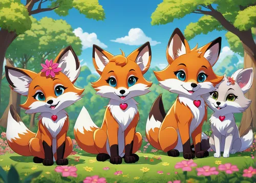 foxes,garden-fox tail,fox stacked animals,fox hunting,group photo,springtime background,redfox,spring background,vulpes vulpes,child fox,cute fox,buckthorn family,iris family,flower background,poppy family,lily family,caper family,daisy family,cute animals,ivy family,Conceptual Art,Oil color,Oil Color 15