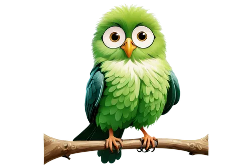 Cartoon bird, simple lines, flat design, colorful feathers, small beak, big round eyes, fluffy wings, perched, solo, sitting, bright green background, 3/4 composition, soft lighting, PNG transparent b