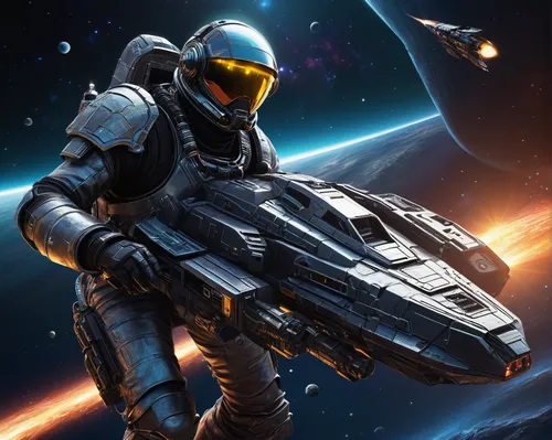 space pirate, commandeering a ship, futuristic outfit, laser pistol, zero gravity pose, intense gaze, space helmet, armored suit, holographic interface, spaceship cockpit, starfield background, distan