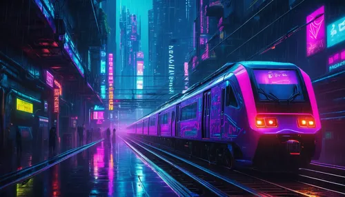 Write a romantic scene on a moving train in the rain.,metro,cyberpunk,urban,tokyo,tokyo city,colorful city,ultraviolet,shinjuku,transit,cityscape,hong kong,street car,vapor,light rail,city trans,tram,