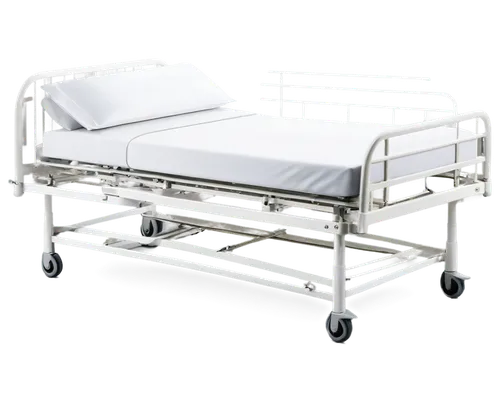 Hospital bed, white metal frame, clean white sheets, soft pillow, adjustable headboard, IV stand, medical equipment, stainless steel side rails, wheels at legs, solo, empty, morning light, shallow dep