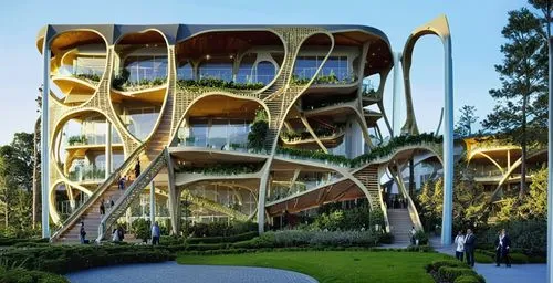 an elaborately designed building in a park with some bushes and trees,interlace,hotel w barcelona,gaudi park,morphosis,futuristic architecture,cubic house,Photography,Artistic Photography,Artistic Pho