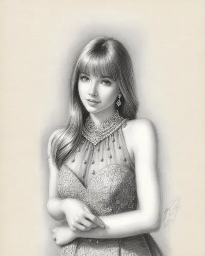 素描，礼服,a girl in a dress with long hair and necklaces,girl drawing,moskvina,pencil drawing,vintage drawing,delenn,girl portrait,Illustration,Black and White,Black and White 30